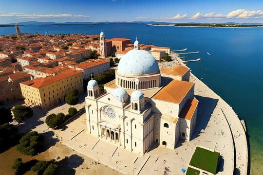 City of Zadar historic center and waterfront aerial panoramic view stock photo Ancient, Architecture, Blue, Building Exterior
