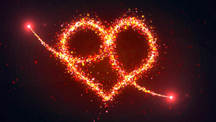 Red Yellow Shiny Two Sparkling Particles Trails Swirl Forming Heart Shape Glitter Sparkle Lines Optical Flare Lights On Dark Red Glitter Background