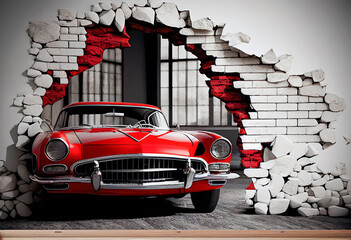 3d mural wallpaper broken wall bricks and a classic red car. world map in a colored background. for Childrens and kids bed room wallpaper .