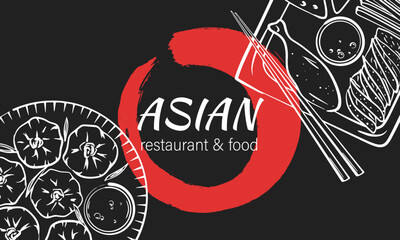 Asian cuisine sketch banner. Japanese Food menu design template. Hand drawn vector illustration