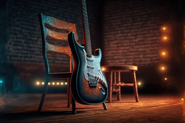 A brown and white electric guitar with a stool, generative ai - obrazy, fototapety, plakaty