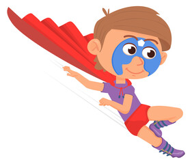 Red cape flying kid in superhero mask. Fantasy boy