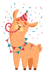 Happy llama in party hat. Holiday celebration character