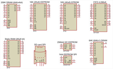 Conditional graphic designations of memory chips:
DRAM, EEPROM, EPROM, FIFO, RAM, SD card.
Vector icons of electronic components of an electrical diagram.