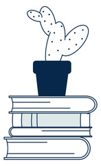 Book stack with cactus pot. House decor icon