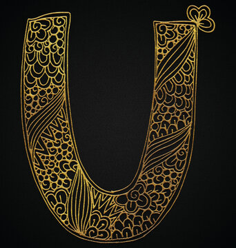 hand drawn zentangle golden design alphabet u