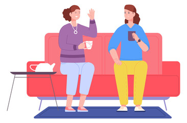 Women talking on couch. Friends drink coffee at home