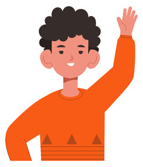 Smiling boy with raised hand. Goodbye gesture