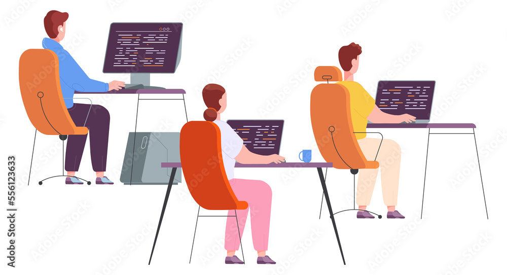 Poster programmers working at computers desks. office team workplace
