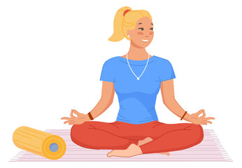 Zen practice. Woman sit on floor in lotus pose