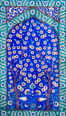 Flower pattern tile panel on a wall of the Topkapi Palace in Istanbul, Turkey.