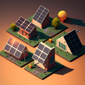 Solar Panels on Houses Green Energy Isometric Art