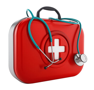 Stethoscope standing on first aid kit on transparent background.