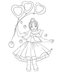 Beautiful cartoon smiling girl portrait. Coloring book portrait of a girl in anime style, Outline art for coloring book. Hand drawn vector illustration, isolated on white background.  
