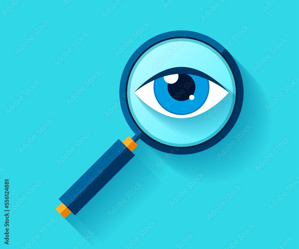 Poster search loupe icon in flat style, magnifying glass on color background. zoom tool. eye in magnifier. 