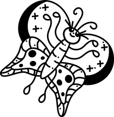 Butterfly doodle. Cute butterfly flies up and smiles. Cartoon white and black vector illustration.