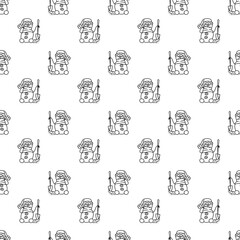 Snowman pattern4. Cute seamless pattern with snowmen with shovel. Cartoon white and black vector illustration.