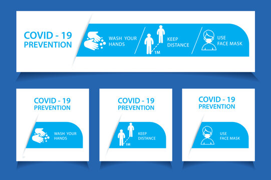 Prevention Line Icons Set Isolated On White. Outline Symbols Coronavirus Covid 19 Pandemic Banner. Quality Design Elements Mask, Gloves, Distance, Wash Disinfect Hands, Stay Home With Editable Stroke