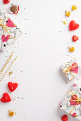 Valentine's Day concept. Top view vertical photo of gift boxes heart shaped candles straws golden decorative clips chocolate candies and sequins on isolated white background with copyspace