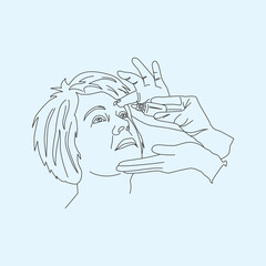 Put in eye drops, line drawing art, vector illustration
