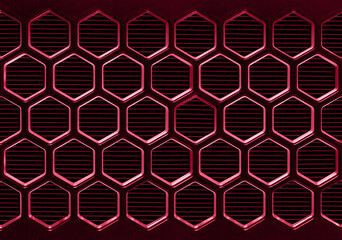 High tech hexagonal cellular surface of viva magenta color. Black honeycomb electronic texture. Abstract technological mosaic hexagon background. Color of the year 2023.