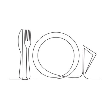 One continuous line plate, knife and fork. one line drawing isolated on white background. Vector illustration.