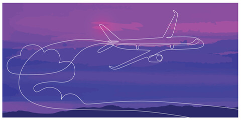 Fototapeta premium Continuous line drawing of flying passenger plane. Colorful sky background. Vector illustration.