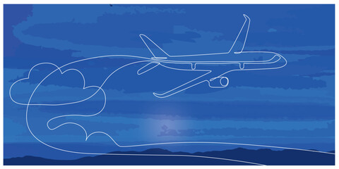 Continuous line drawing of flying passenger plane. Colorful sky background. Vector illustration.