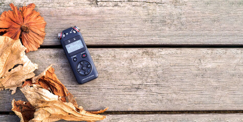 Registratore vocale per video asmr banner web con sfondo in legno e foglie. Microfono binaurale...