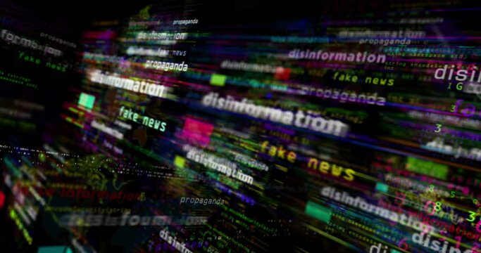 Disinformation media and abstract screen 3d seamless looped. Fly between glitch and noise text concept of fake news, hoax, false information and propaganda.