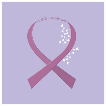 Card, poster for world cancer day with pink ribbon and white leaves.
