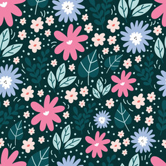 Fototapeta na wymiar Botanical seamless pattern with green leaves and yellow flowers on pastel pink background. Leaves and flowers wallpapers. Florals background.
