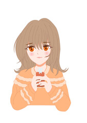 a woman holding a warm drink, can be used for decoration and in winter