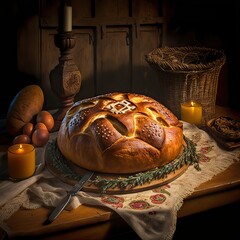 Serbian Orthodox Christmas eve. Bread on the Table set up. Česnica bread. Generative ai.