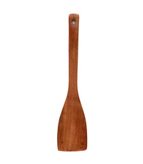 Long wooden kitchen spatula vertically on a white background.