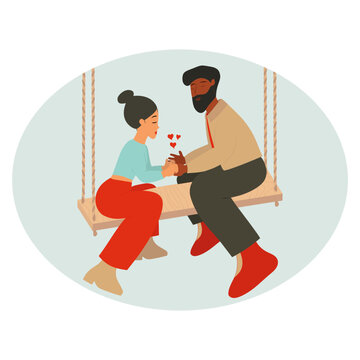 
Hand drawn vector abstract cartoon modern graphic happy valentine's day 
illustration with couple of lovers sitting together on hanging swing isolated on turquoise pastel background.