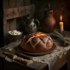 Serbian Orthodox Christmas eve. Table set up. Bread and candle. Česnica bread. Generative ai.