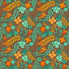 Fotobehang Pattern of flowers, leaves, branches. Hand drawn orange and turquoise elements. Seamless vector pattern on a brown background. Suitable for fabrics, wrappings, wallpapers, backgrounds. © Lyudmyla Serhienko
