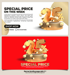 banner pack for landing page,  online shop discount sale gold promo product, special price on week with 3D render number 25% and element gold style, easy to edit, ready to use