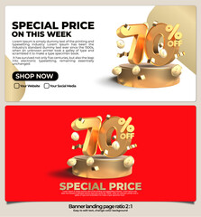 banner pack for landing page,  online shop discount sale gold promo product, special price on week with 3D render number 70% and element gold style, easy to edit, ready to use