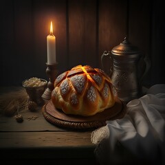 Serbian Orthodox Christmas eve. Table set up. Bread and candle. Česnica bread. Generative ai.