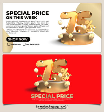 banner pack for landing page,  online shop discount sale gold promo product, special price on week with 3D render number 75% and element gold style, easy to edit, ready to use