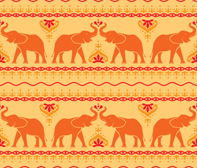 Seamless pattern with elephants on an orange background in Indian style. Print for fabric, vector illustration
