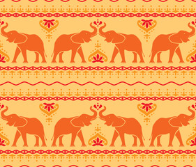 Seamless pattern with elephants on an orange background in Indian style. Print for fabric, vector illustration