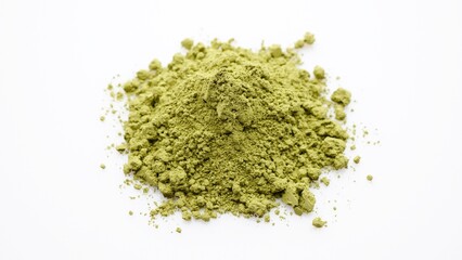 Heap of matcha green tea on white background