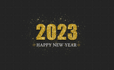 happy new year 2023. Golden letters on a black background. gold bokeh