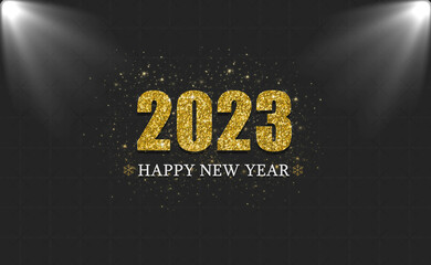 happy new year 2023. Golden letters on a black background. gold bokeh