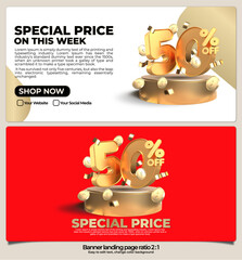 banner pack for landing page,  online shop discount sale gold promo product, special price on week with 3D render number 50% and element gold style, easy to edit, ready to use