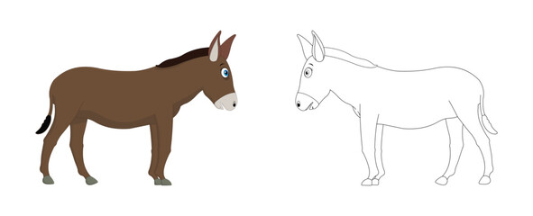Happy cartoon donkey with line art, donkey sketch color less page isolated on white background.