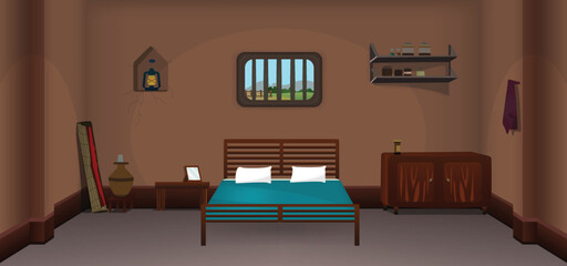 Village room inside cartoon background vector, poor room interior illustration.